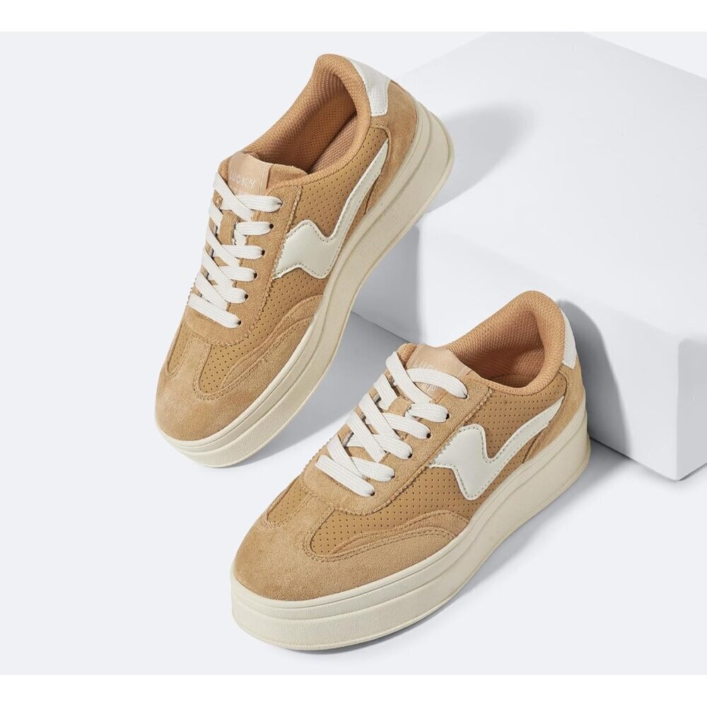 Women Platform CamelWhite Sneaker Thick Sole Suede Leather Low Top Walking Shoes - Picture 4 of 9
